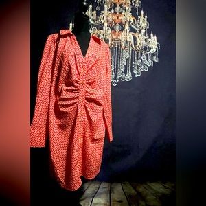 Orange and cream button down dress with ruching